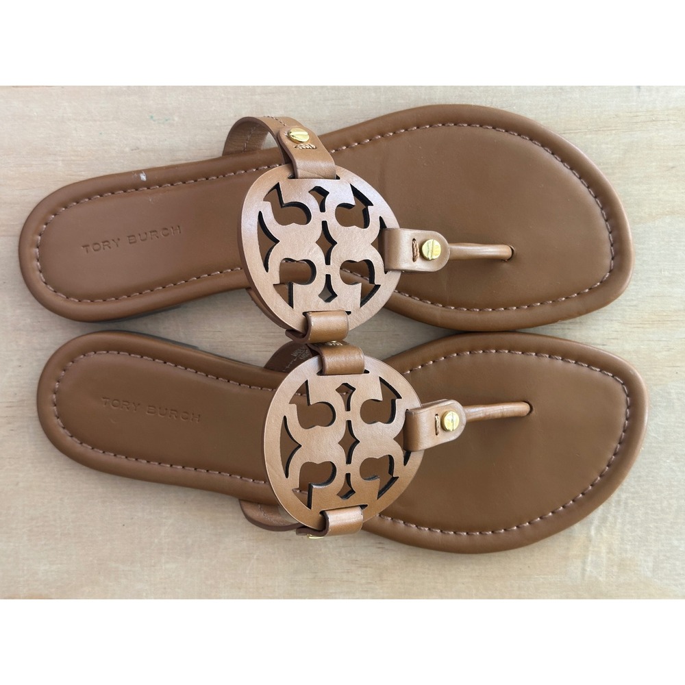 Tory Burch Miller Cloud Sandals Tan Leather Logo Thong Flats Size 7M 117 44